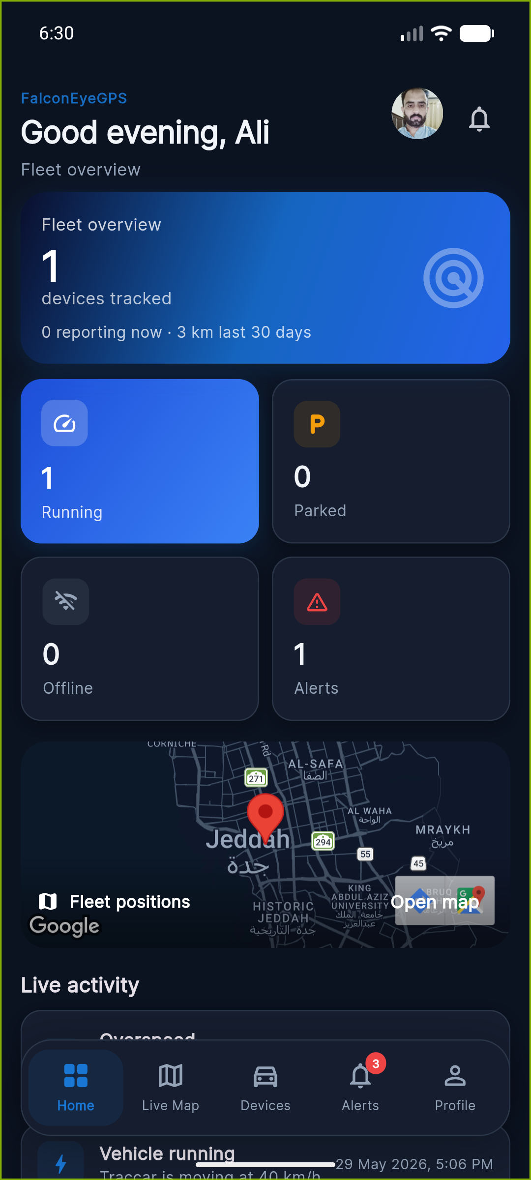 Dashboard — FalconEyeGPS mobile app screenshot