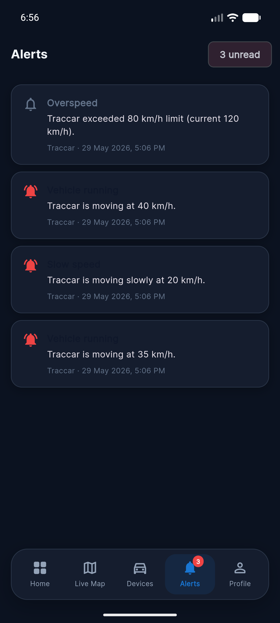 Alerts — FalconEyeGPS mobile app screenshot